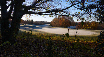 Frozen golf course from trees This landscape photograph shows a frozen golf course at Tapton Park in Chesterfield, United Kingdom, viewed from underneath trees on the edge of the park. The scene captures a frosty winter morning, with the sun low in the sky casting long shadows and illuminating the park’s grass with a layer of frost. The trees frame the golf course, many of which have lost their leaves, underlining the winter season. The area is part of Tapton Park, known for its natural surroundings and recreational spaces, and the photograph highlights the golf course as the main subject, surrounded by nature and mature trees. The setting gives a clear indication of the winter climate in this part of the United Kingdom.
